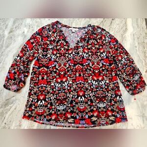 Alexander Jordan Floral Rayon Blouse S Black Red Boho Long Sleeve Top